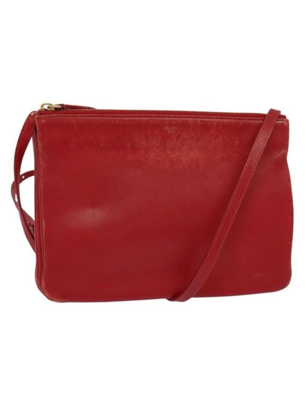 Authentic CELINE Trio Small Shoulder Bag Leather Red Gold